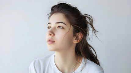 Naklejka premium Pretty joyfully female with fair hair, dressed casually, looking at camera. Studio shot of good-looking beautiful woman isolated against blank studio wall.