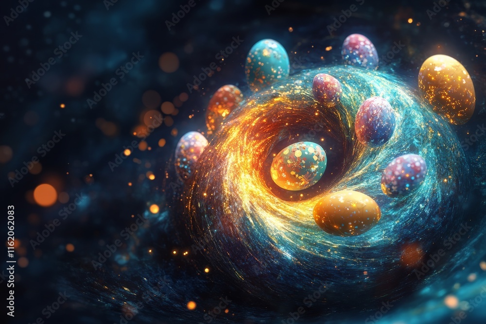 Poster surreal cosmic swirl with colorful eggs floating in dark space at night