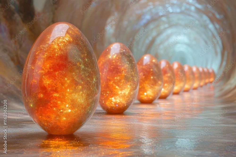 Poster Glowing orange eggs line a futuristic tunnel with a shimmering light and cosmic patterns