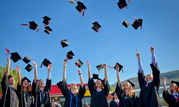 Joyful graduation ceremony with excited graduates tossing caps in the air under a clear blue sky, celebrating their academic achievements on a bright sunny day.