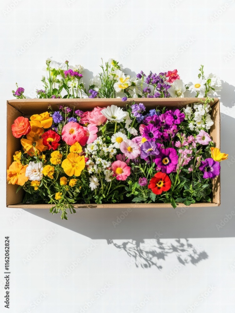 Poster delivery box filled with colorful fresh flowers ready for gifting or decoration. generative ai