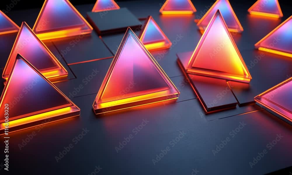 Poster simple but striking animation of rotating geometric prisms with transparent edges reflecting light i