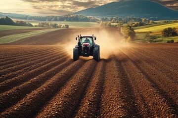 Obraz premium Farm worker driving tractor prepares for harvest