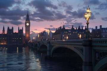 Naklejka premium Big Ben and westminster bridge at dusk in London