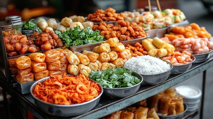 Colorful array of diverse street food dishes displayed on a stall.