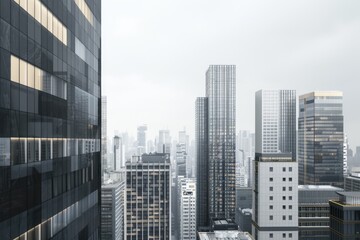 Fototapeta premium Modern city skyline with contemporary skyscrapers against grey sky.