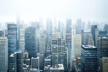 Modern city skyline with contemporary skyscrapers against grey sky.