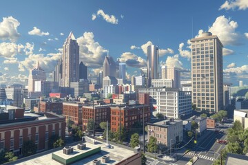 Fototapeta premium Downtown Atlanta Skyline showing several prominent buildings and hotels under a blue sky.
