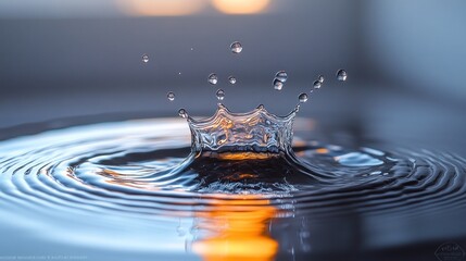Water droplet crown splash, ripple effect, golden reflection.