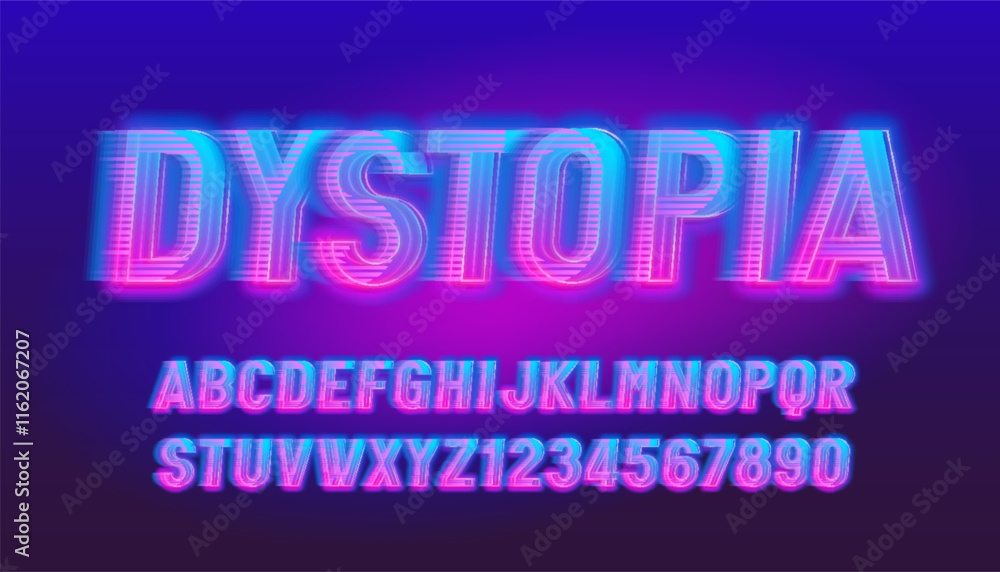 Poster dystopia alphabet font. neon color letters and numbers with a speed effect. stock vector typeface fo