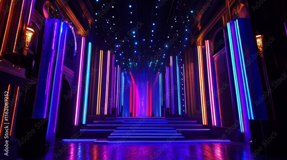Poster a stage illuminated with vibrant purple and blue lights, creating a dynamic and energetic atmosphere