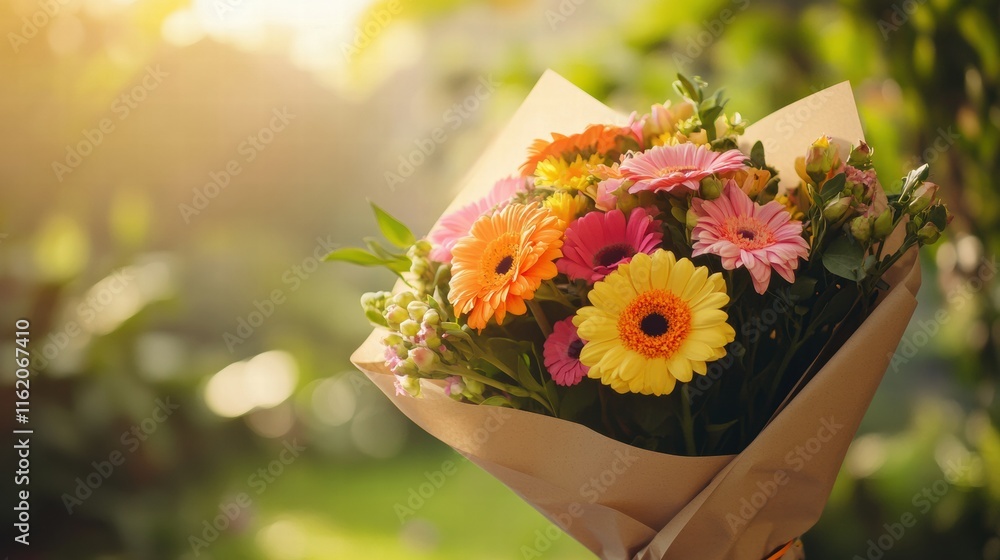 Poster bright and colorful flower bouquet wrapped in kraft paper against a nature backdrop with space for t