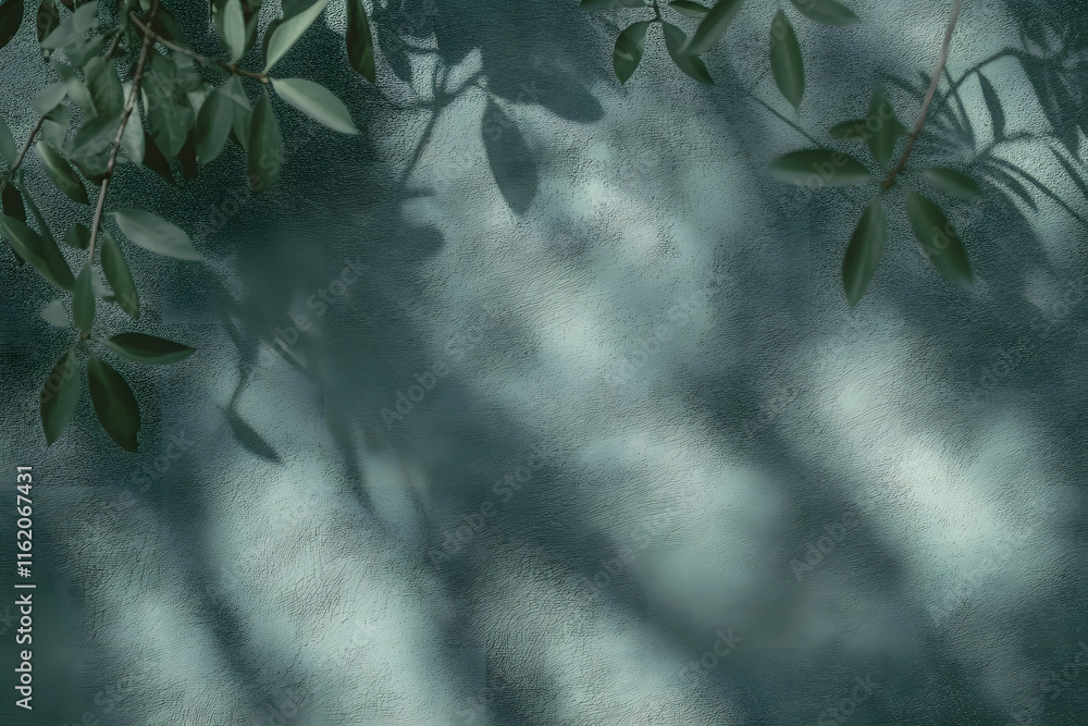 Poster abstract tree leaves shadows on gray green concrete wall texture with roughness and irregularities. 