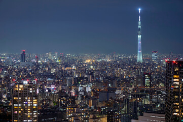 Obraz premium Nightlight Cityscape of Tokyo, city aerial skyscraper view of office building and downtown and street of minato in tokyo with twilight sky background. Japan, Asia