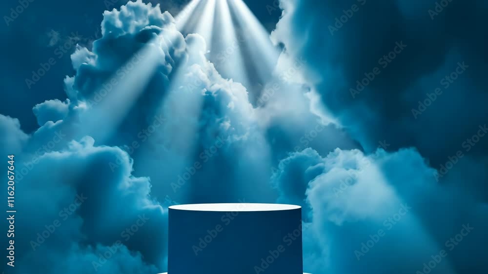Poster light beams illuminate a circular platform surrounded by dramatic clouds in a serene atmosphere