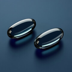 two translucent gel capsules placed on a sleek, dark blue background. The capsules have a glossy appearance, reflecting light, creating a modern and clean aesthetic