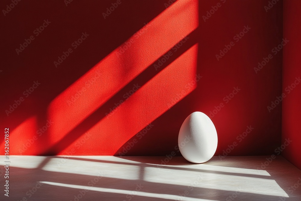 Poster white egg resting on a surface with striking red wall and shadow patterns in a minimalistic setting
