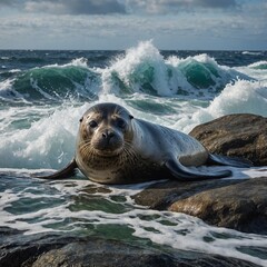 Naklejka premium A seal basking on a rock with waves crashing behind it.