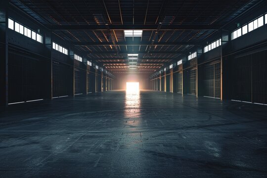 Modern empty dark storehouse with light at the end