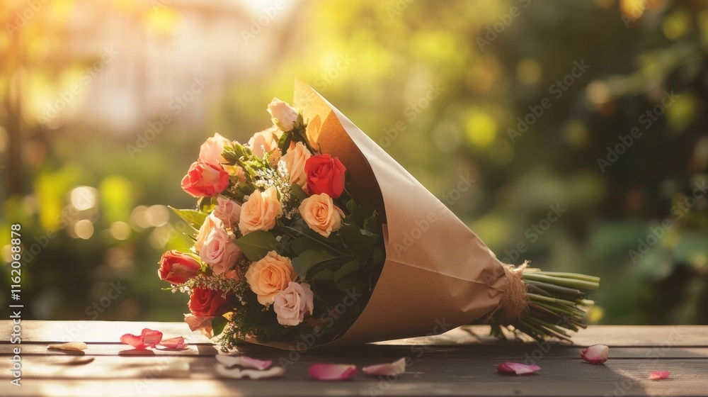 Poster bouquet of assorted roses wrapped in kraft paper placed on a wooden surface with natural lighting an