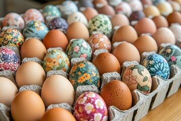 Colorfully decorated eggs in various designs fill a carton for the spring celebration season
