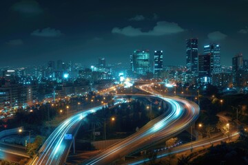 Panorama Of Tel Aviv City And Ayalon Freeway At Night   View of Tel Aviv at night.