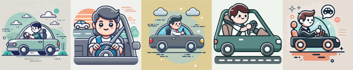 Vector collection of a person driving a car