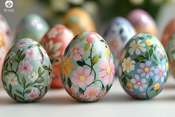 Fototapeta premium Colorful decorative Easter eggs with floral patterns displayed on a white surface in a bright setting