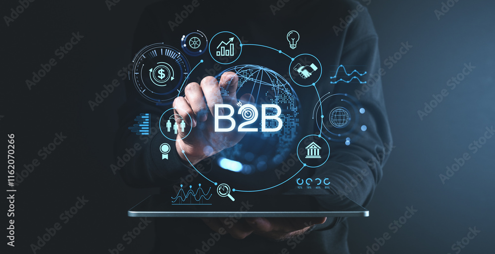 Poster b2b concept with digital icons and data visualization on screen in hands of a person, on dark backgr