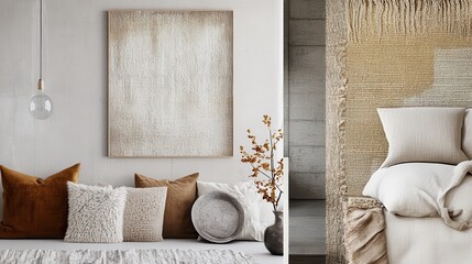 Modern minimalist bedroom decor featuring neutral tones and textured fabrics