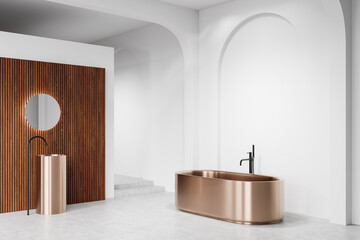 Modern bathroom interior with bronze bathtub and sink, white walls, wooden accent wall, and...
