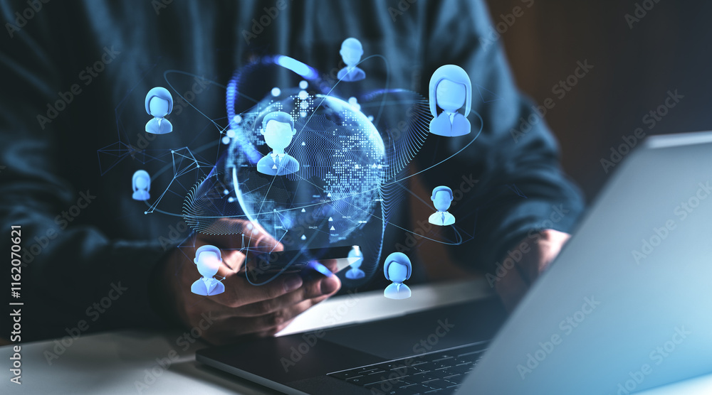 Poster digital networking concept with icons of people and technology on a dark background.