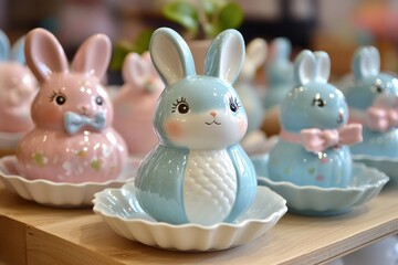 Obraz premium Colorful ceramic bunny figurines arranged on a display table during a spring-themed event