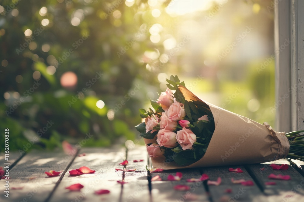 Aufkleber Bouquet of pink roses wrapped in kraft paper on wooden surface with sunlight and natural bokeh background. Generative AI