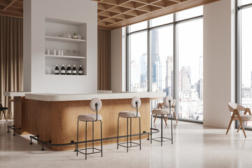 Modern bar interior with wooden counter, minimalist stools, and cityscape view through large windows. 3D Rendering