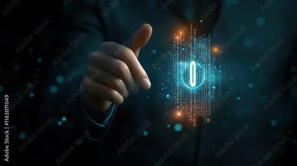 Poster businessman holding a cloud data icon with light and the binary number 1010. the concept of digital 