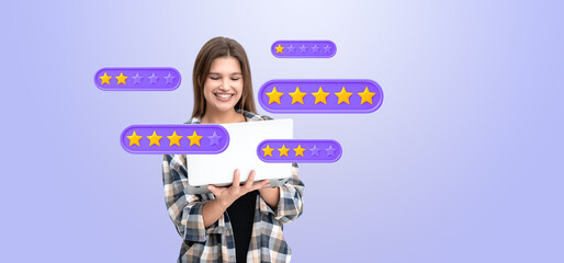 Woman holding laptop with star rating icons floating around on a