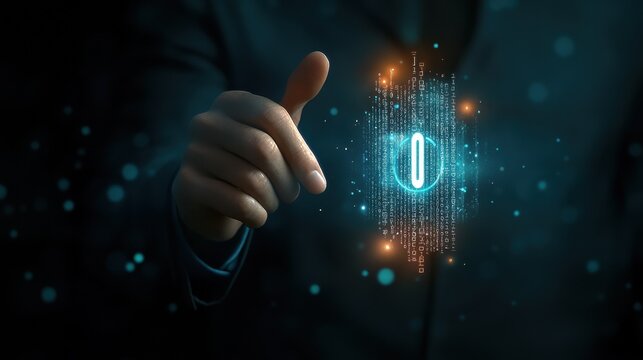 Businessman holding a cloud data icon with light and the binary number 1010. The concept of digital traffic is connected to the cloud. Insurance Business computer security concepts.