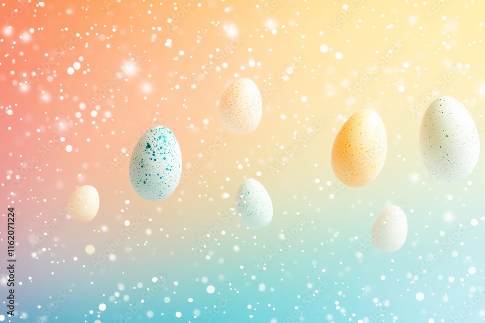 Aufkleber Colorful eggs floating in a pastel-hued background with a soft snowfall effect during springtime celebration