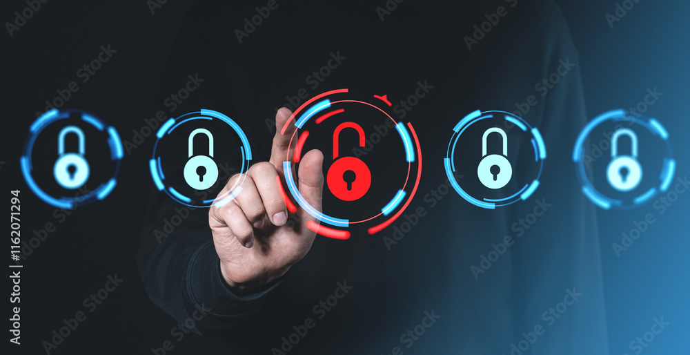 Poster cybersecurity concept with a person interacting with digital padlocks and an open lock symbol in red