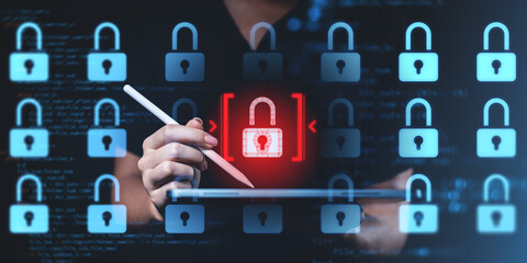 Cybersecurity concept showing digital locks with a focus on a gl