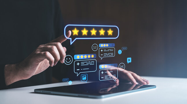 Customer feedback concept with a person interacting with glowing online review icons on a tablet screen, emphasizing ratings and reputation.