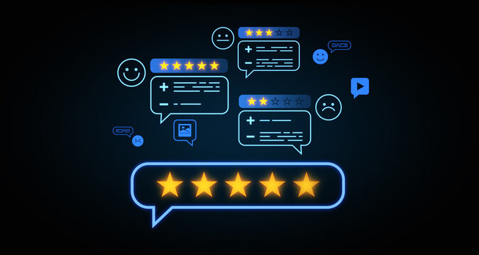 Neon-style digital illustration of customer reviews and ratings feedback concept. 3D Rendering