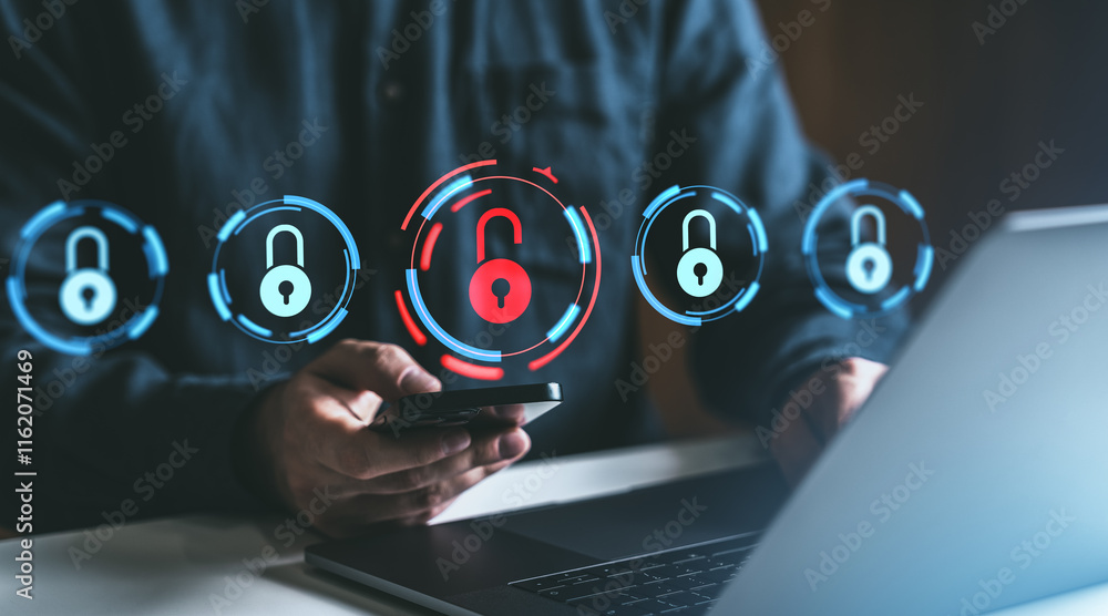 Poster cybersecurity concept with padlocks and data protection icons on digital screen in front of user hol