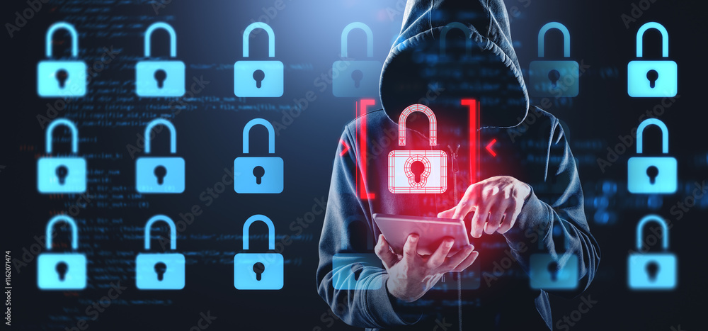 Poster cybersecurity concept with hacker in hood interacting with table