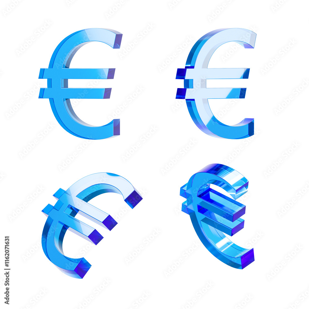 Poster transparent 3d renderings of euro currency symbols in glossy blue design on white background. 3d ren