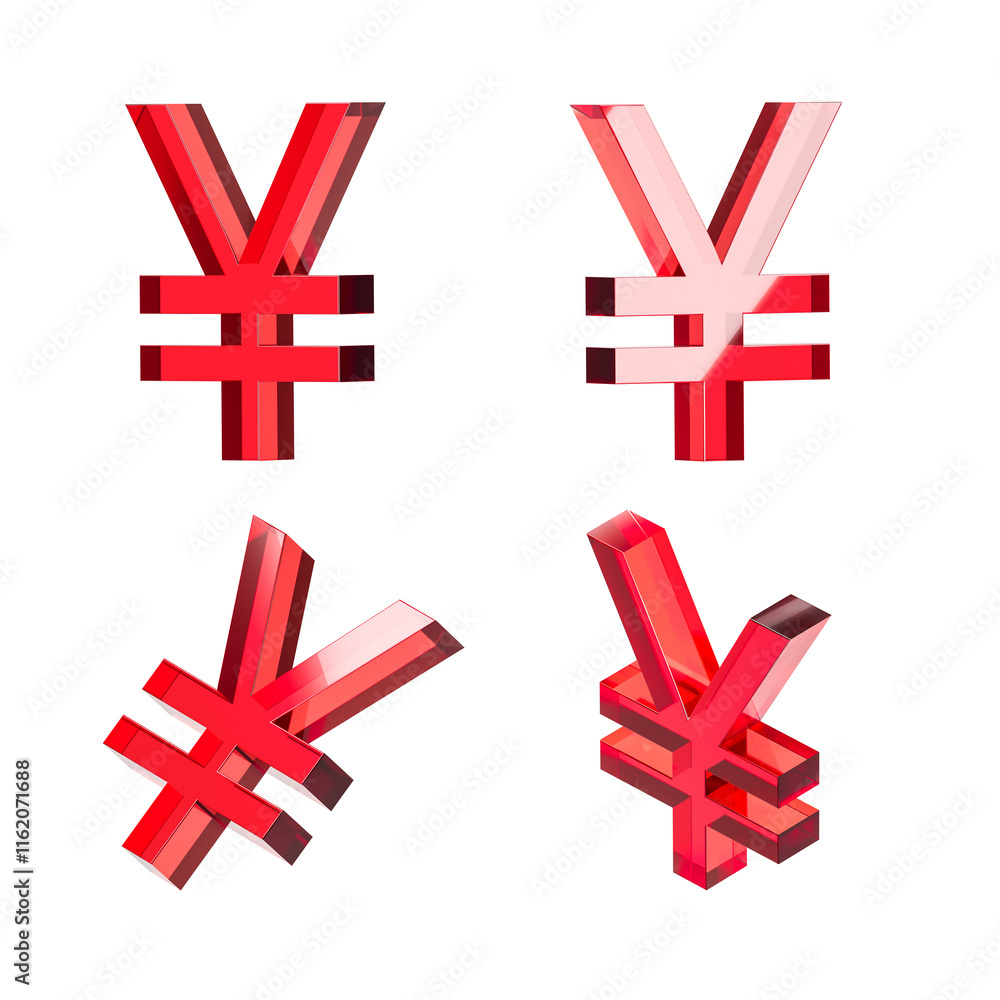 Poster glossy red 3d yen symbols in various angles on white background. 3d rendering