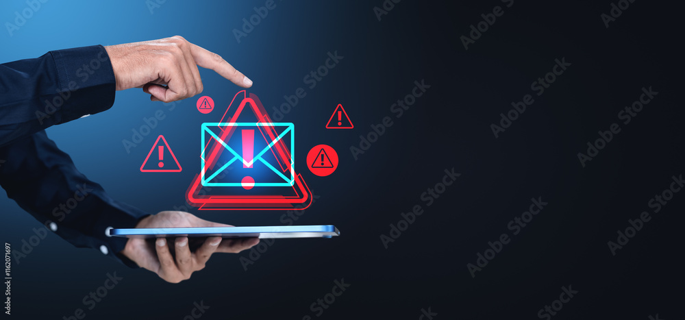 Poster email alert notification with warning symbols on dark background.