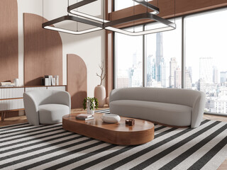Modern living room with minimalist furniture, wooden accents, striped rug, and city view through...