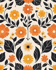
A vibrant floral illustration showcasing orange and yellow flowers with green leaves in a seamless botanical pattern, ideal for wallpaper, fabric design, or spring-inspired decor, offering natural el